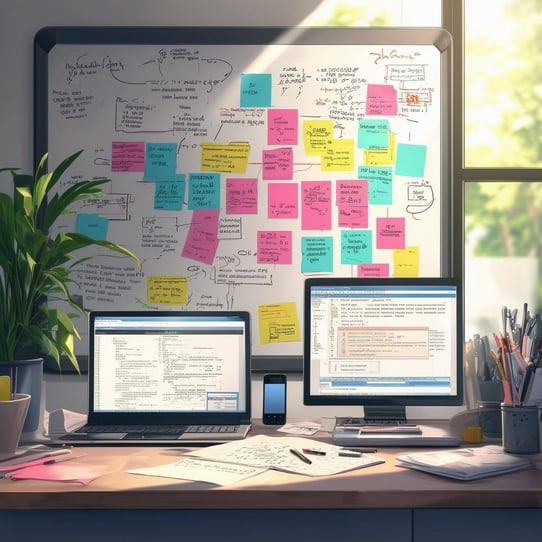 The image depicts a modern workspace filled with technology and creativity