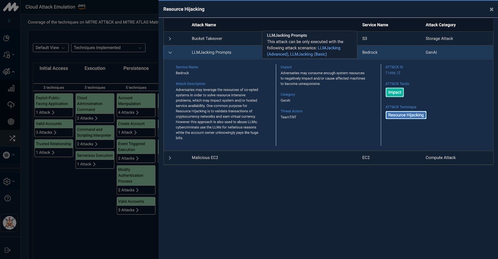 Mitigant CAE は、リソースハイジャック手法をエミュレーションする複数の攻撃シナリオを提供